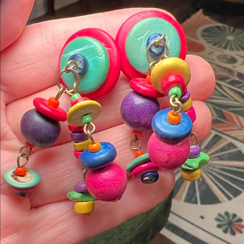 Funky VTG 80s 90s Boho Colorful Multicolor Wood Beaded Statement Earrings